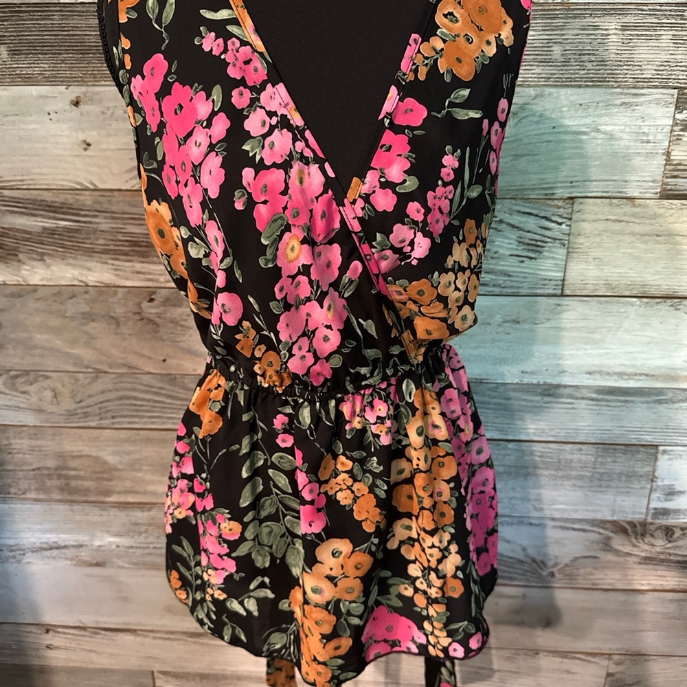Floral Wrap Blouse - Black, Pink, Orange